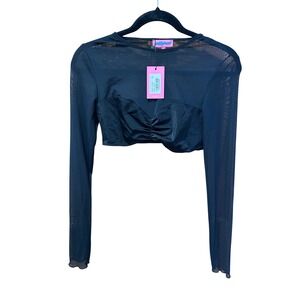 Edikted Black Sheer Mesh Long Sleeve Ruched Sweetheart Crop Top S15243 Womens M